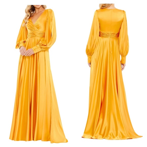 Mac Duggal New 67847 Marigold Split Bishop Sleeve Wrap Flowy Gown Size 10 - Picture 1 of 10
